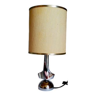Modernist lamp chromed metal 70s, beige canvas lampshade