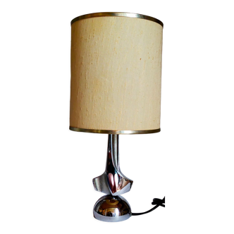 Lampe moderniste métal chromé années 70, abat-jour en toile beige