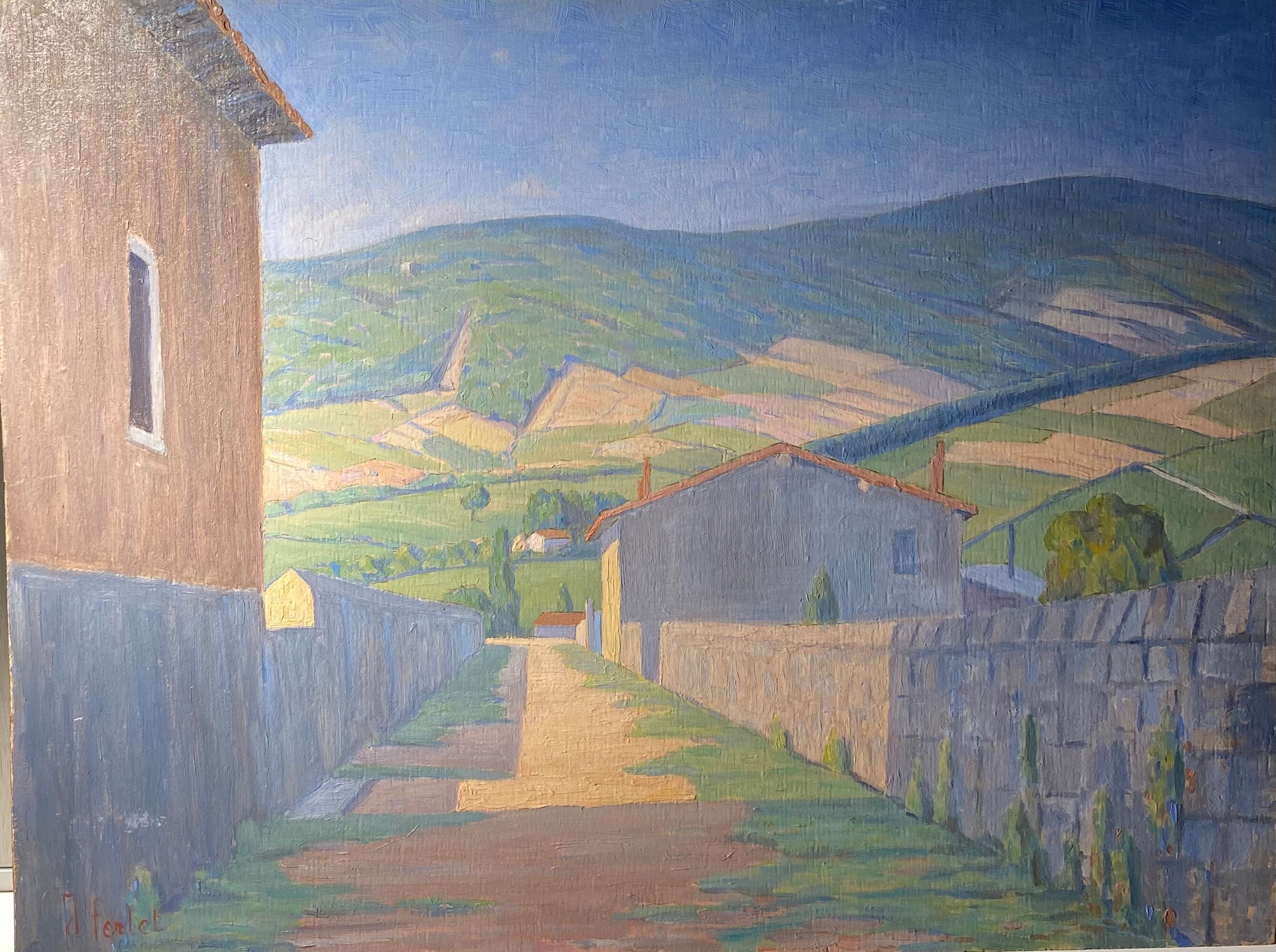 Old painting, landscape Monts du Lyonnais, signed, mid-twentieth century