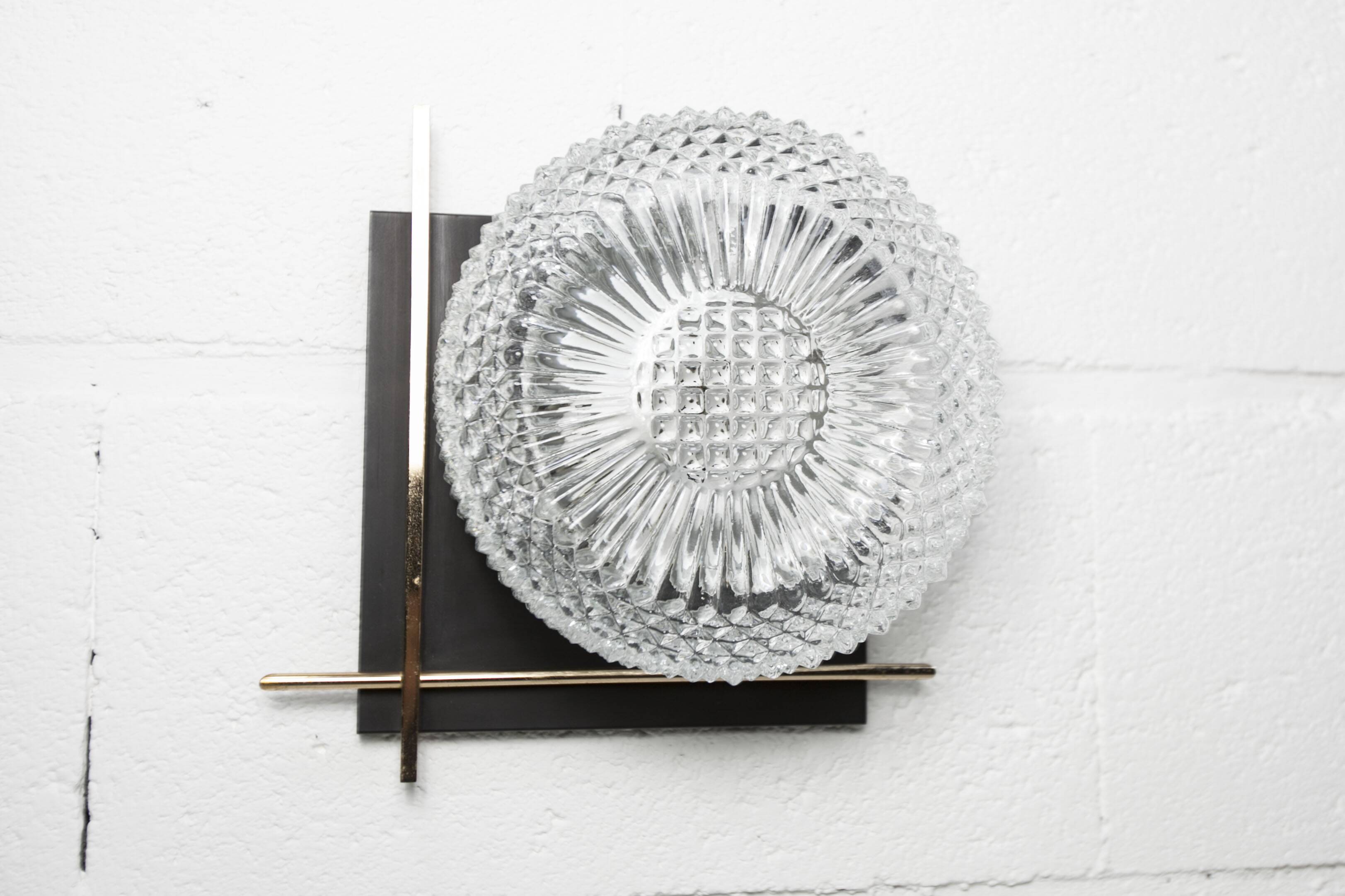 1960 wall light, black metal glass and gold brass rods