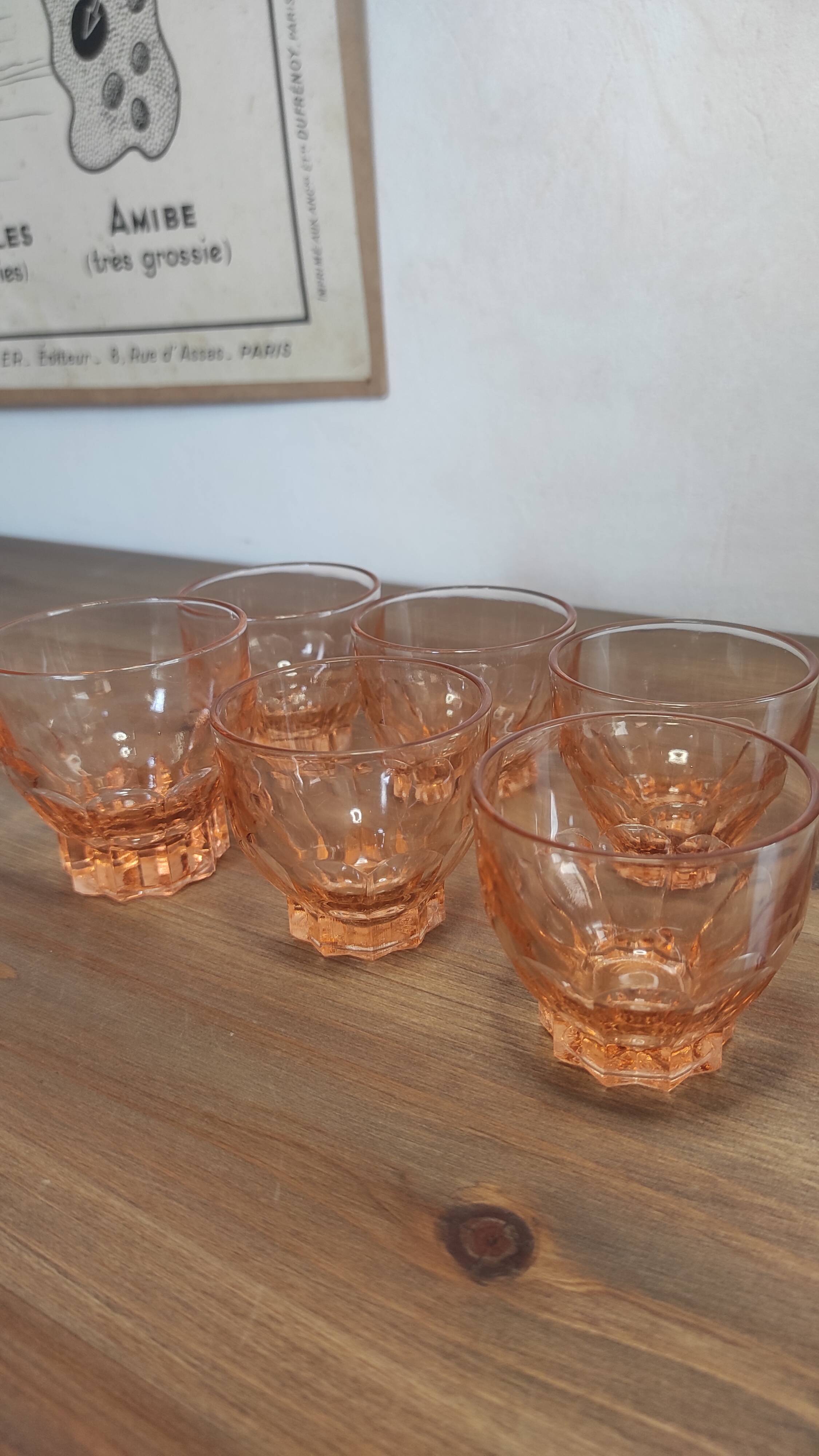 Set of 6 vintage Rosaline liqueur glasses in translucent pink glass