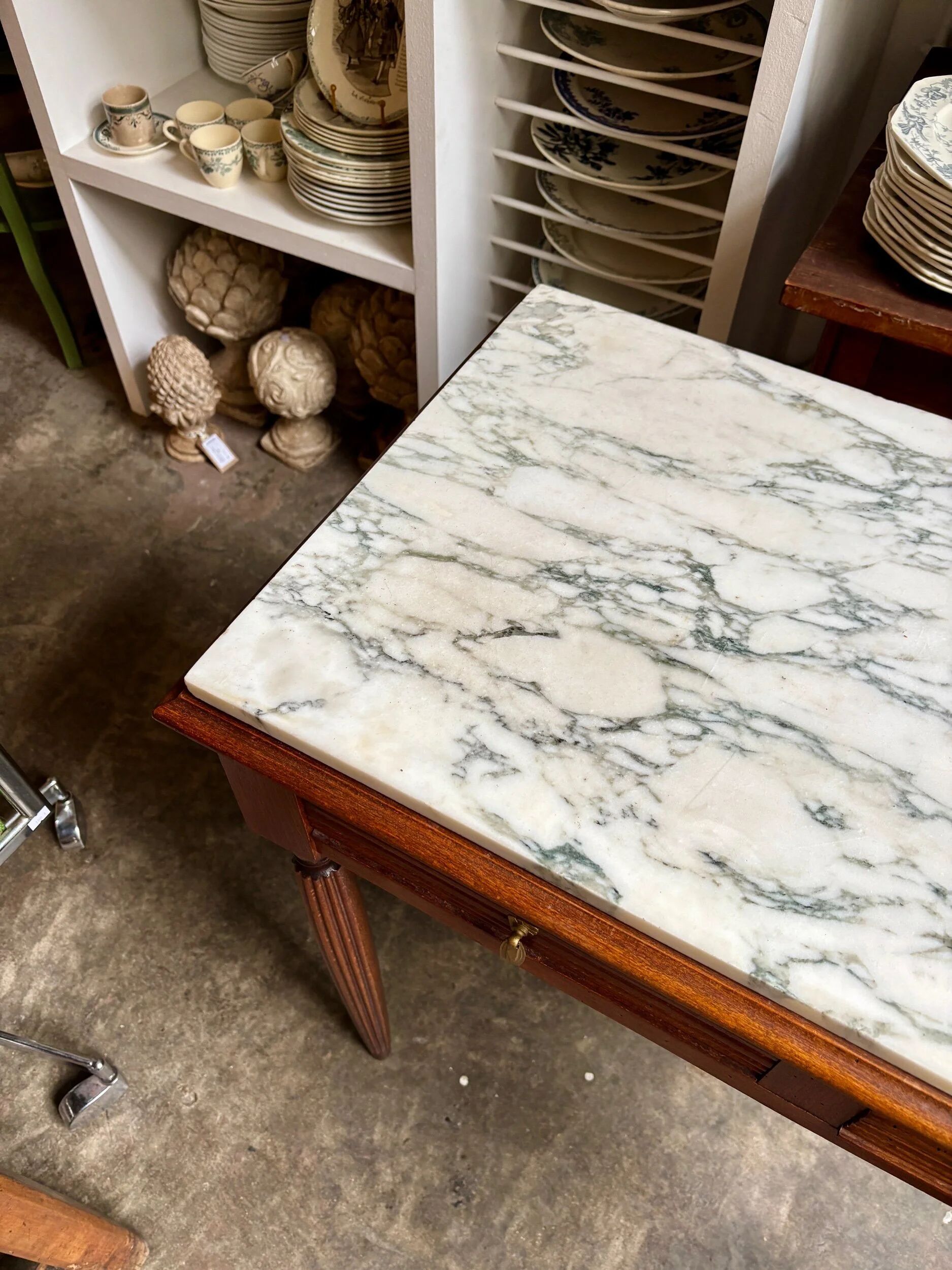 Desk, dark wood and marble side table