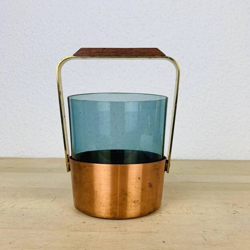 Scandinavian ice bucket in smoked glass and copper, vintage.