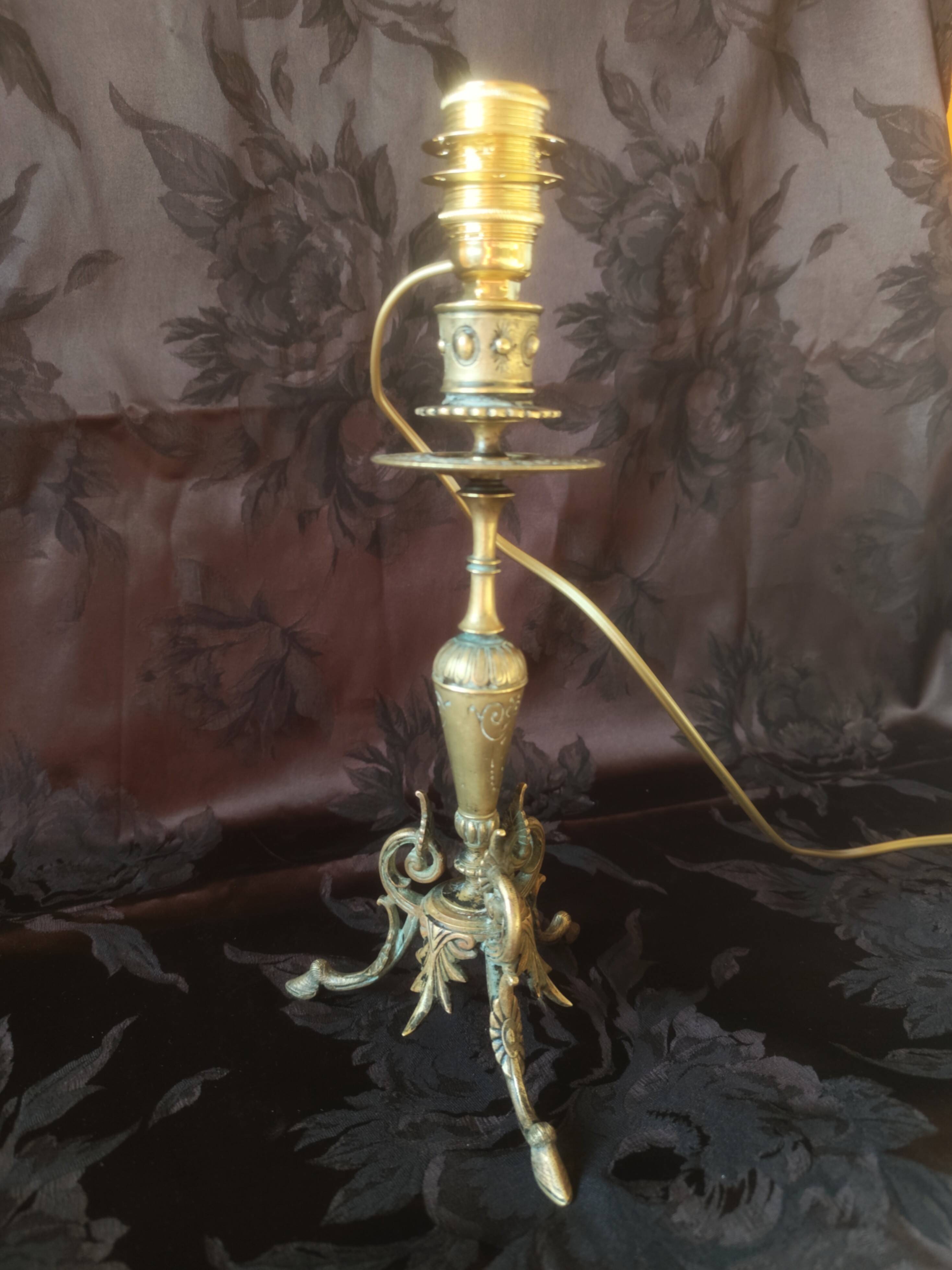 Electrified candlestick lamp, bronze tripod table lamp with goat's feet