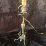 Electrified candlestick lamp, bronze tripod table lamp with goat's feet