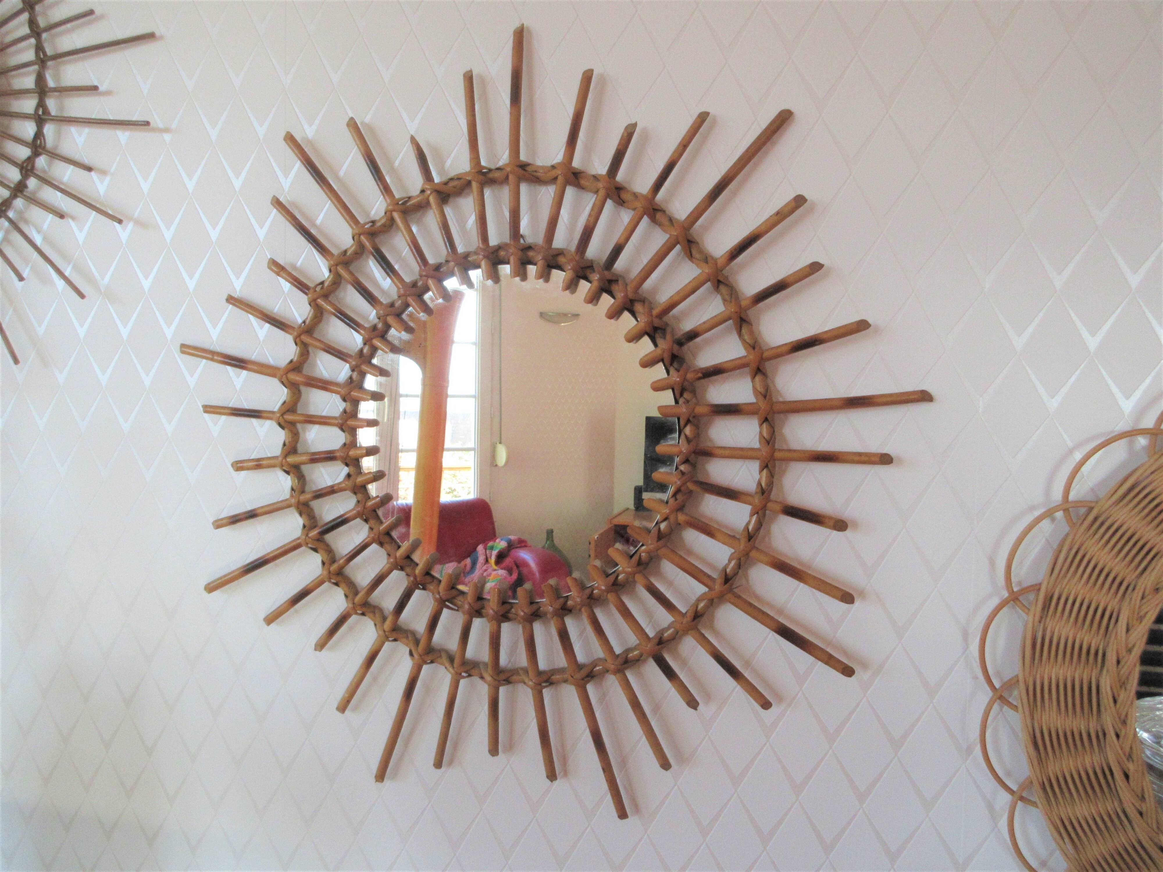 Vintage bamboo and rattan sun mirror 56cm