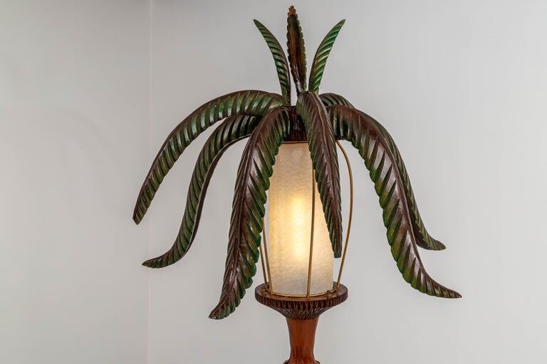 Palm floor lamp carved hand in wood and skin 1970s