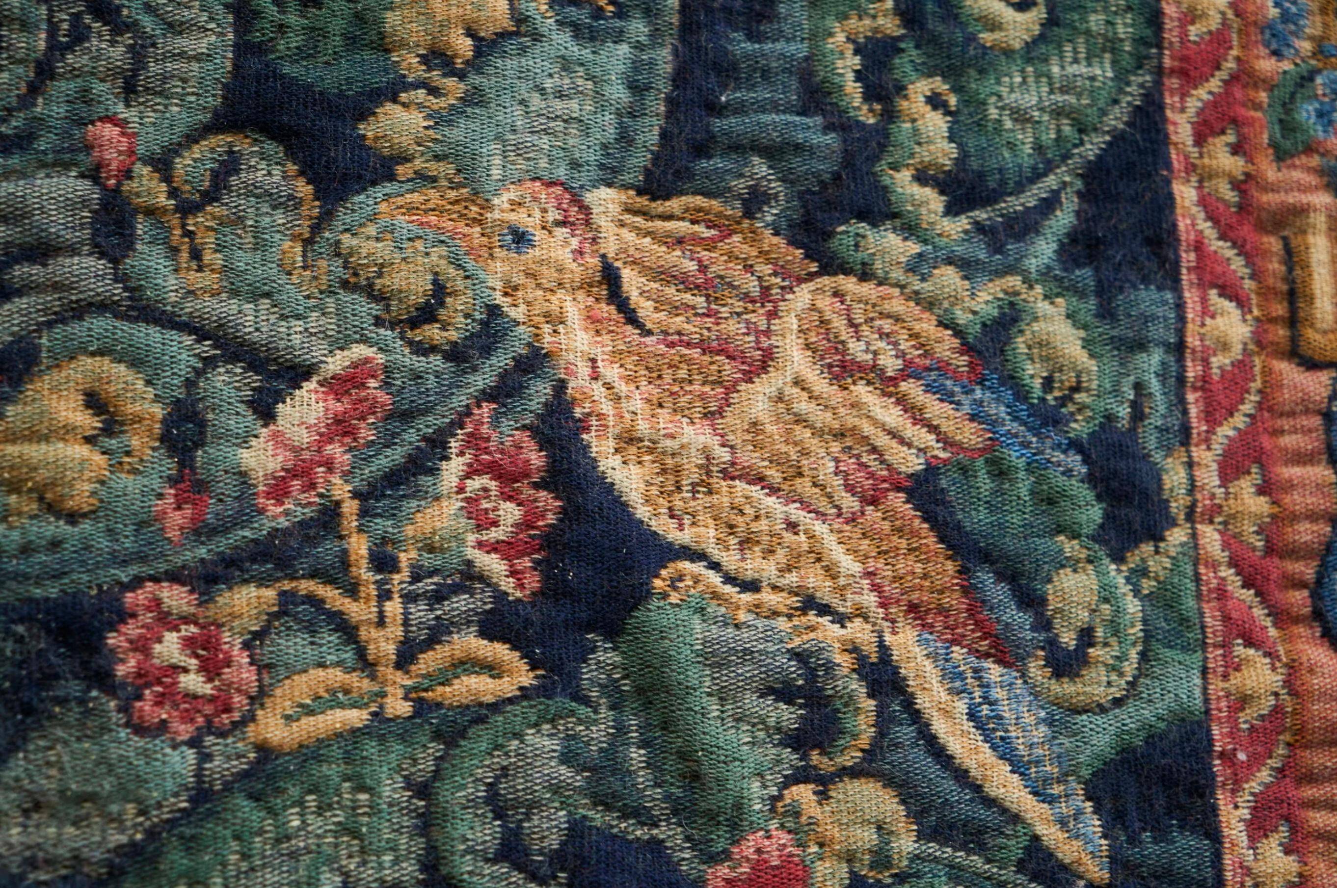 Mid Century wall tapestry with birds, animals, and leaves, Belgium 1960s.