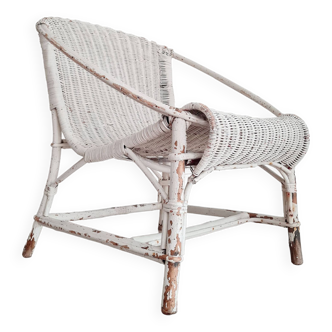 Fauteuil en rotin blanc patiné