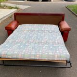 3-seater burgundy leather sofa convertible into a 2-seater bed 1940