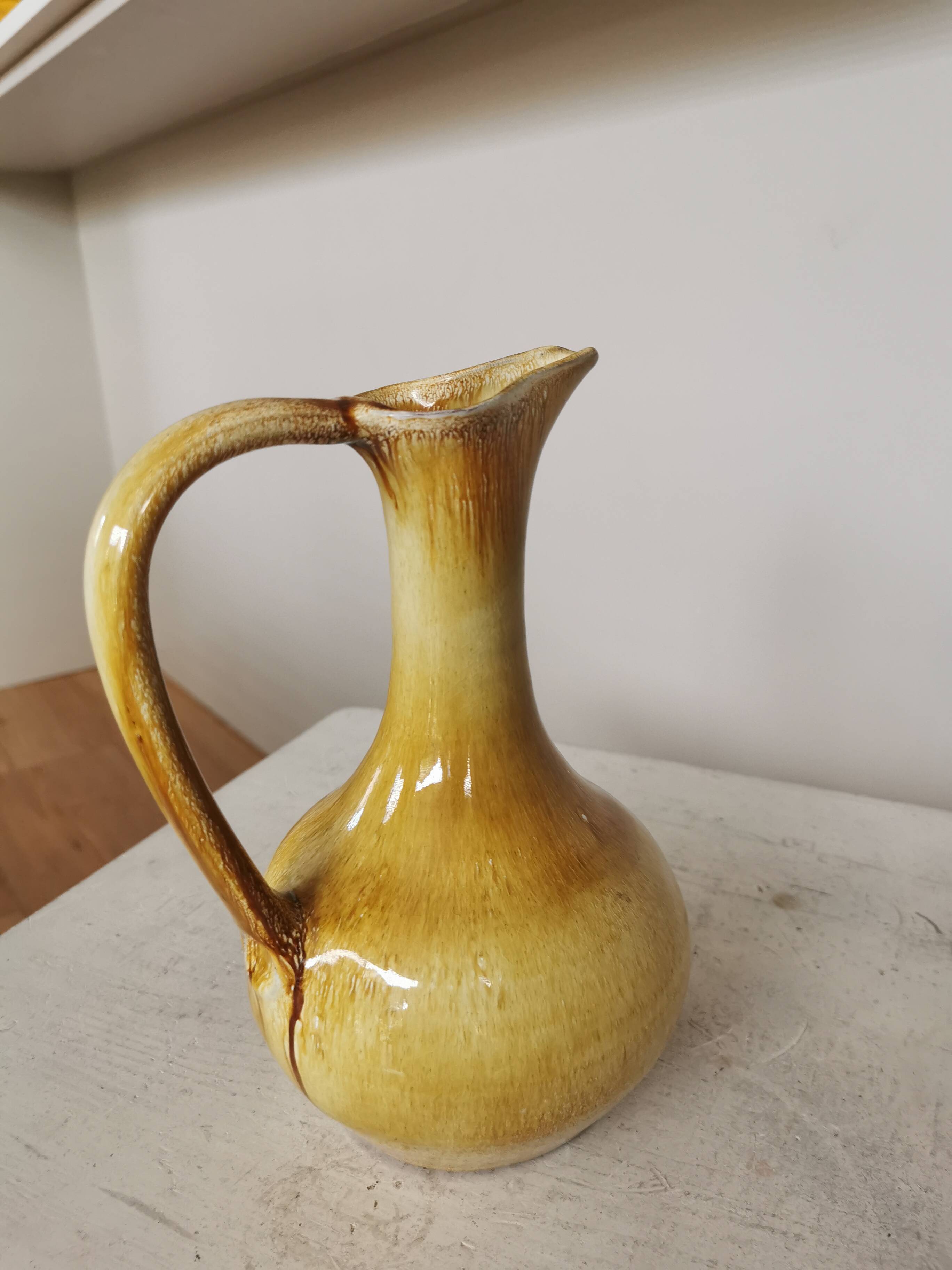 Handmade Ceramic Pitcher: 1970s LKC Pottery, Yellow Brown Glaze