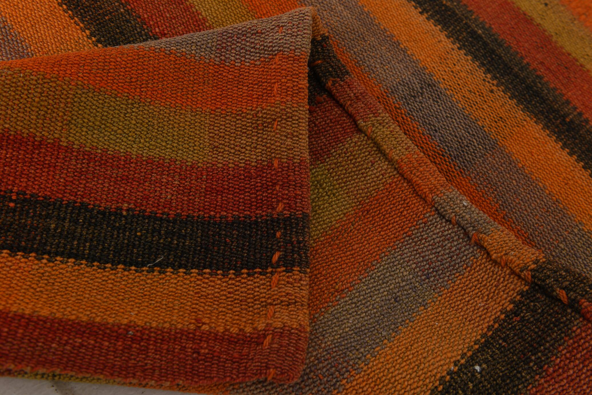 Kilim Vintage à Rayures Fait Main en Laine, Tons Terre et Orange, 200x240