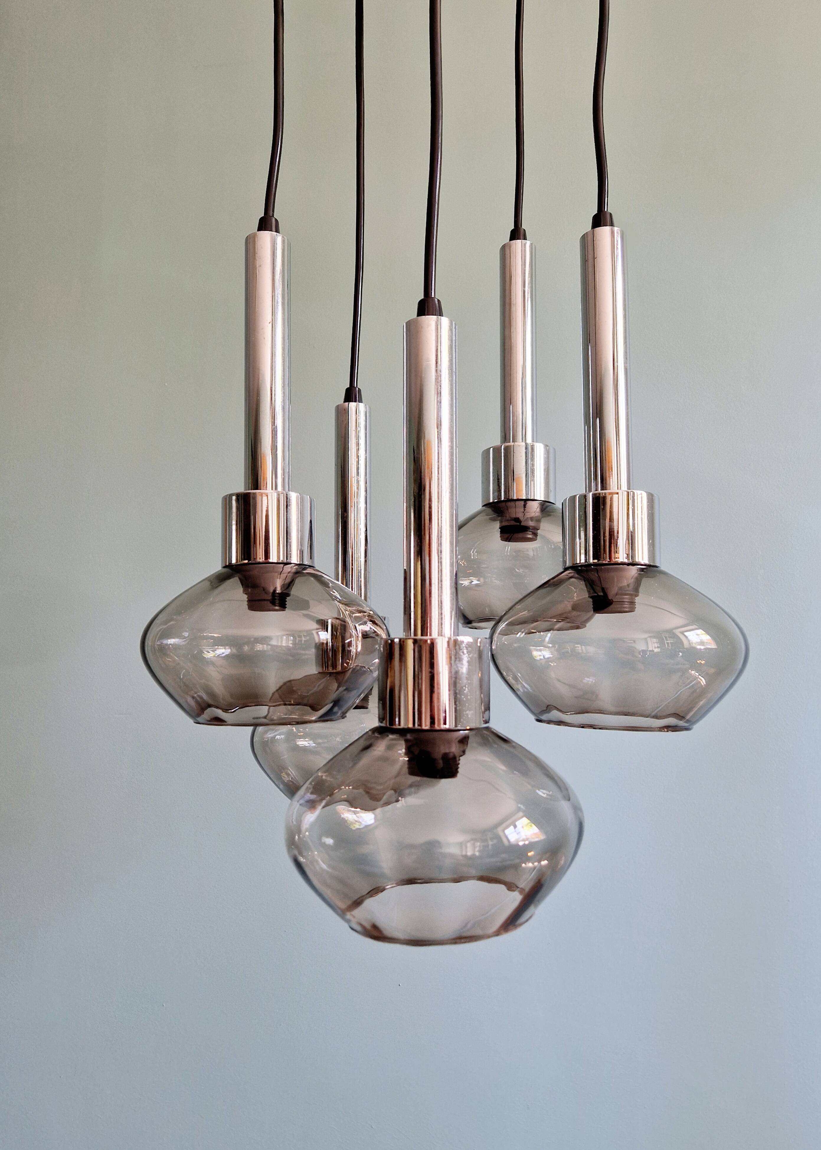 Cascade chandelier in chrome metal and smoked glass, 1970s