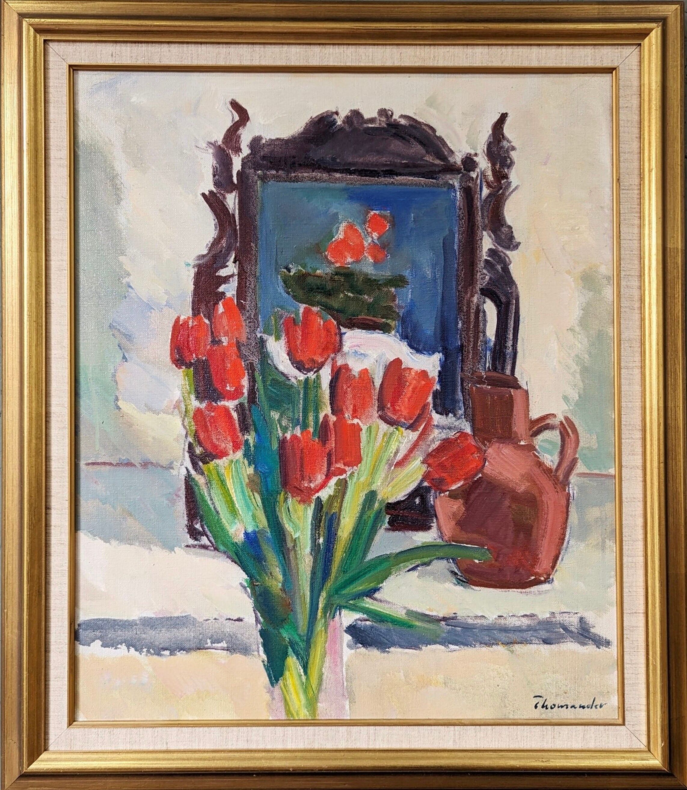 Mid-Century Modern "Window Red Tulips", Swedish Interior Still Life Oil Painting, Framed