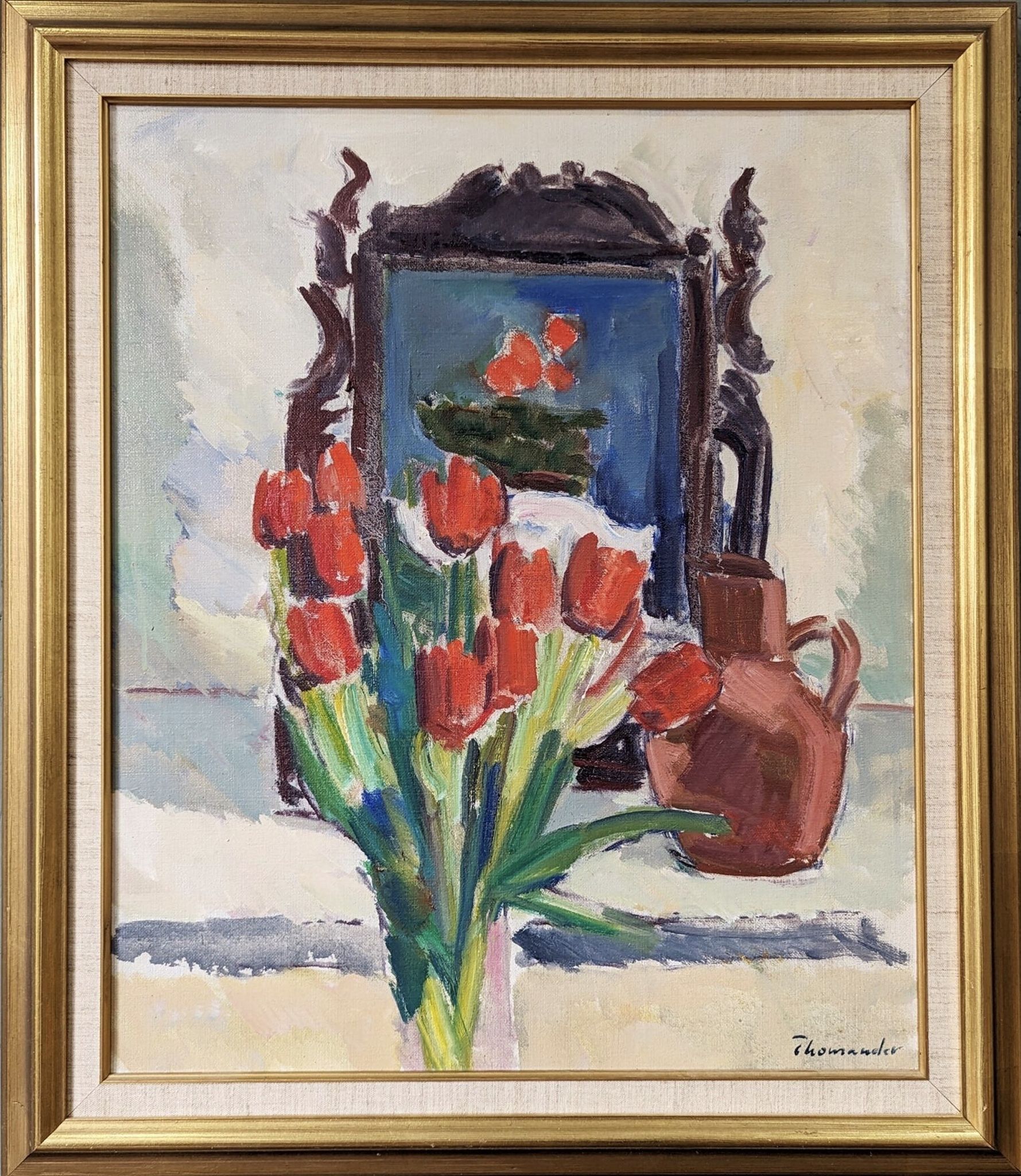 Mid-Century Modern "Window Red Tulips", Swedish Interior Still Life Oil Painting, Framed