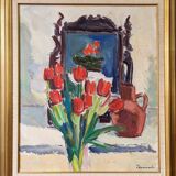 Mid-Century Modern "Window Red Tulips", Swedish Interior Still Life Oil Painting, Framed