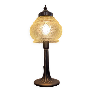 Lampe vintage en laiton pied motif arbre & globe en ouraline craquelée