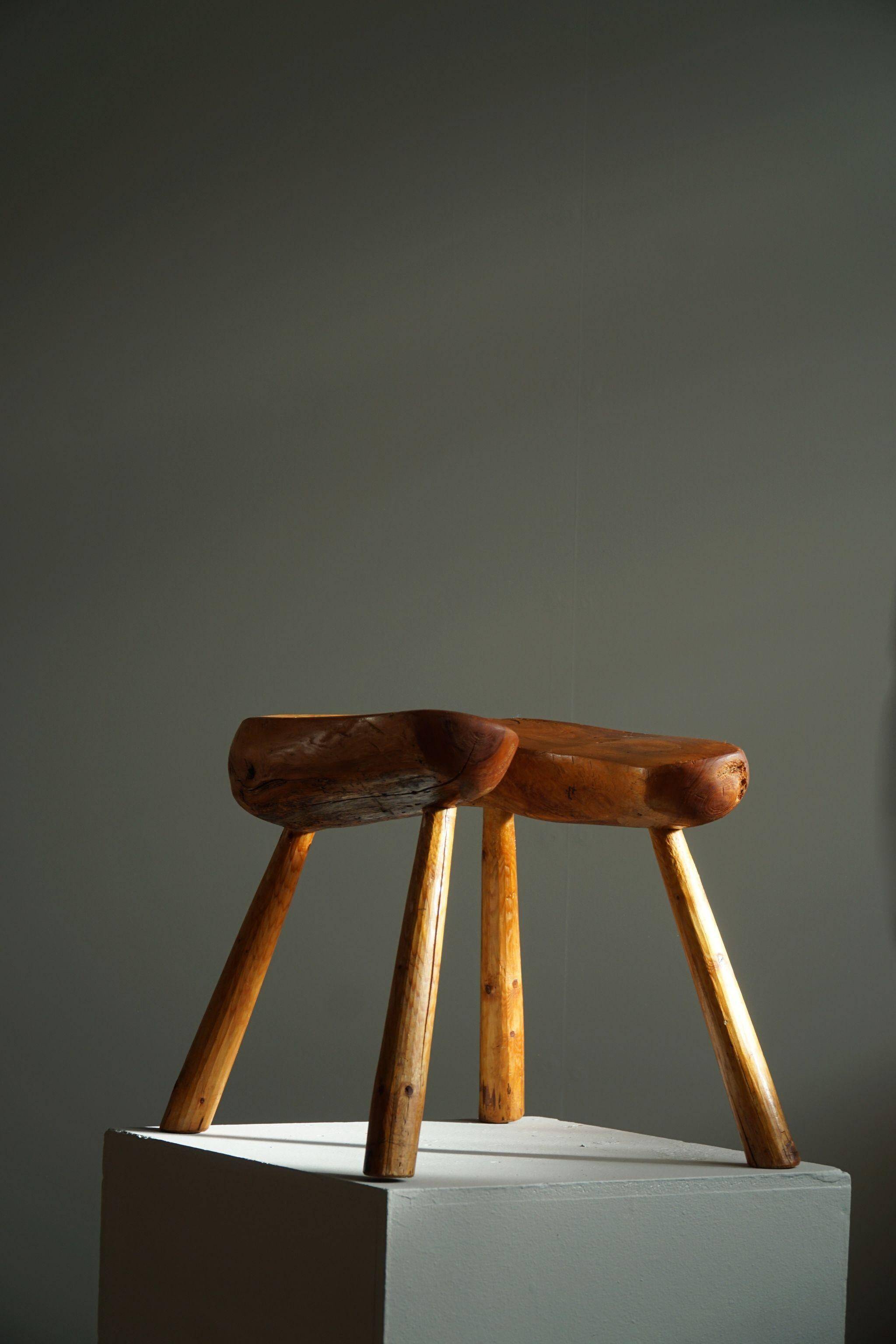Wabi Sabi stool in solid pine, handmade by a Swedish carpenter, 1950s.