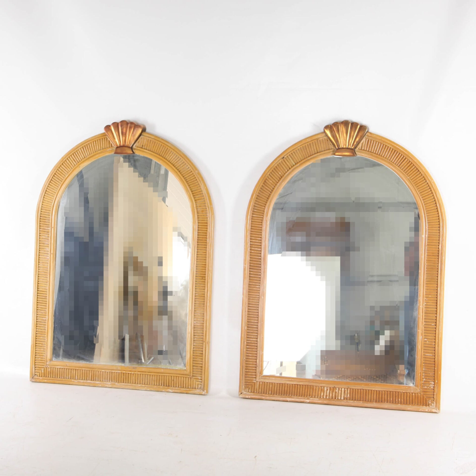 Pair of rattan and copper mirrors