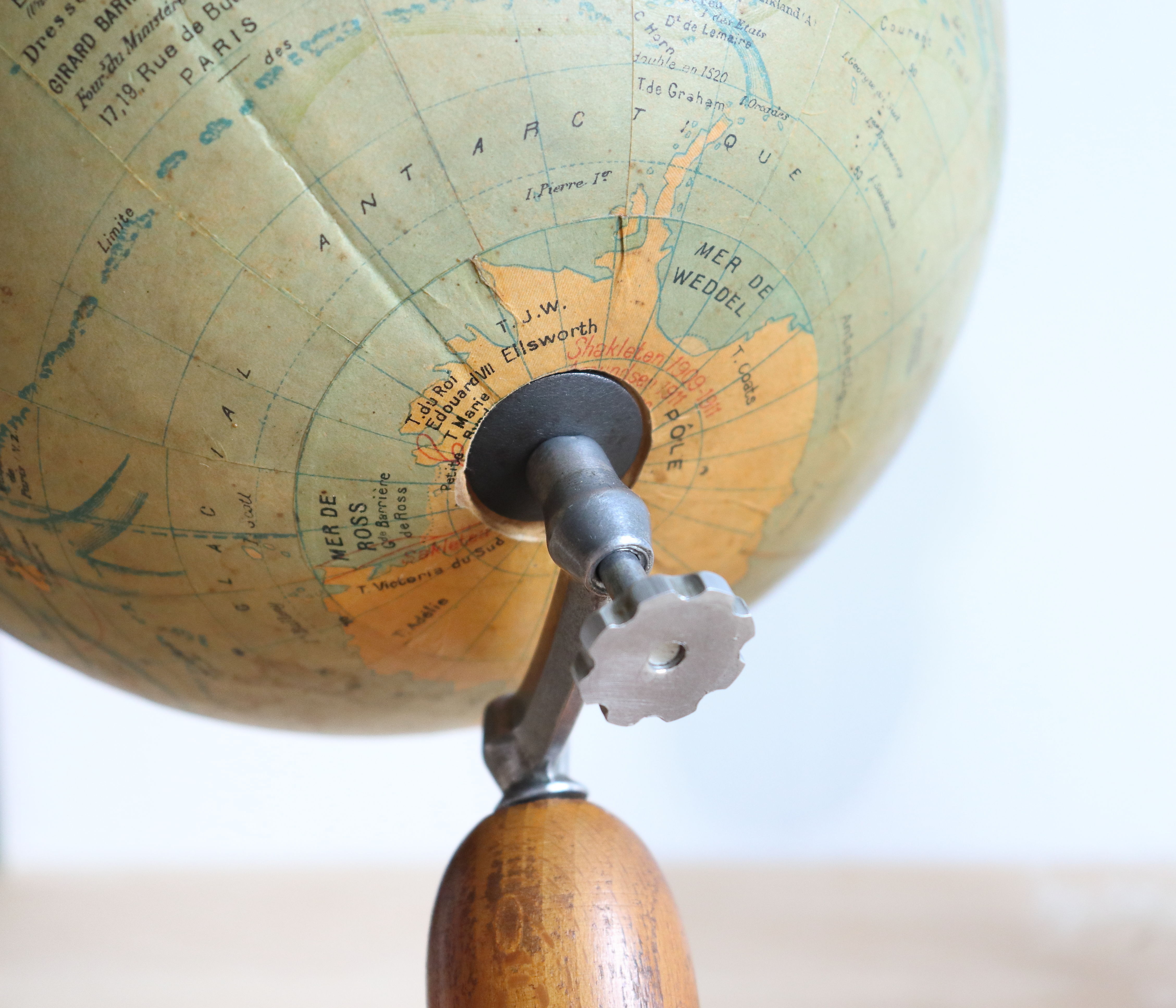 Globe world map J. Forest for Girard Barrère and Thomas on wooden base, 50s