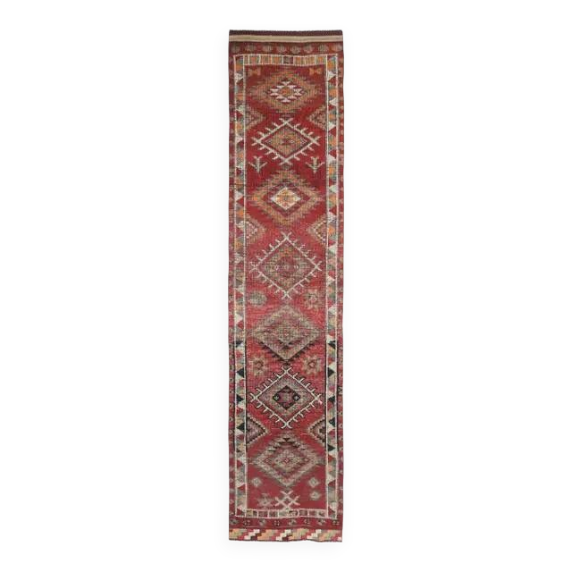 Tapis coureur vintage en laine et coton turc noué à la main rouge 83x384