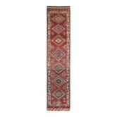 Tapis coureur vintage en laine et coton turc noué à la main rouge 83x384