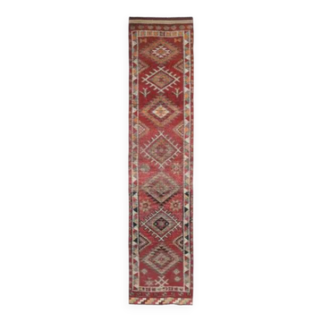 Vintage Turkish Hand-Knotted Wool Cotton Red Runner Rug 83x384