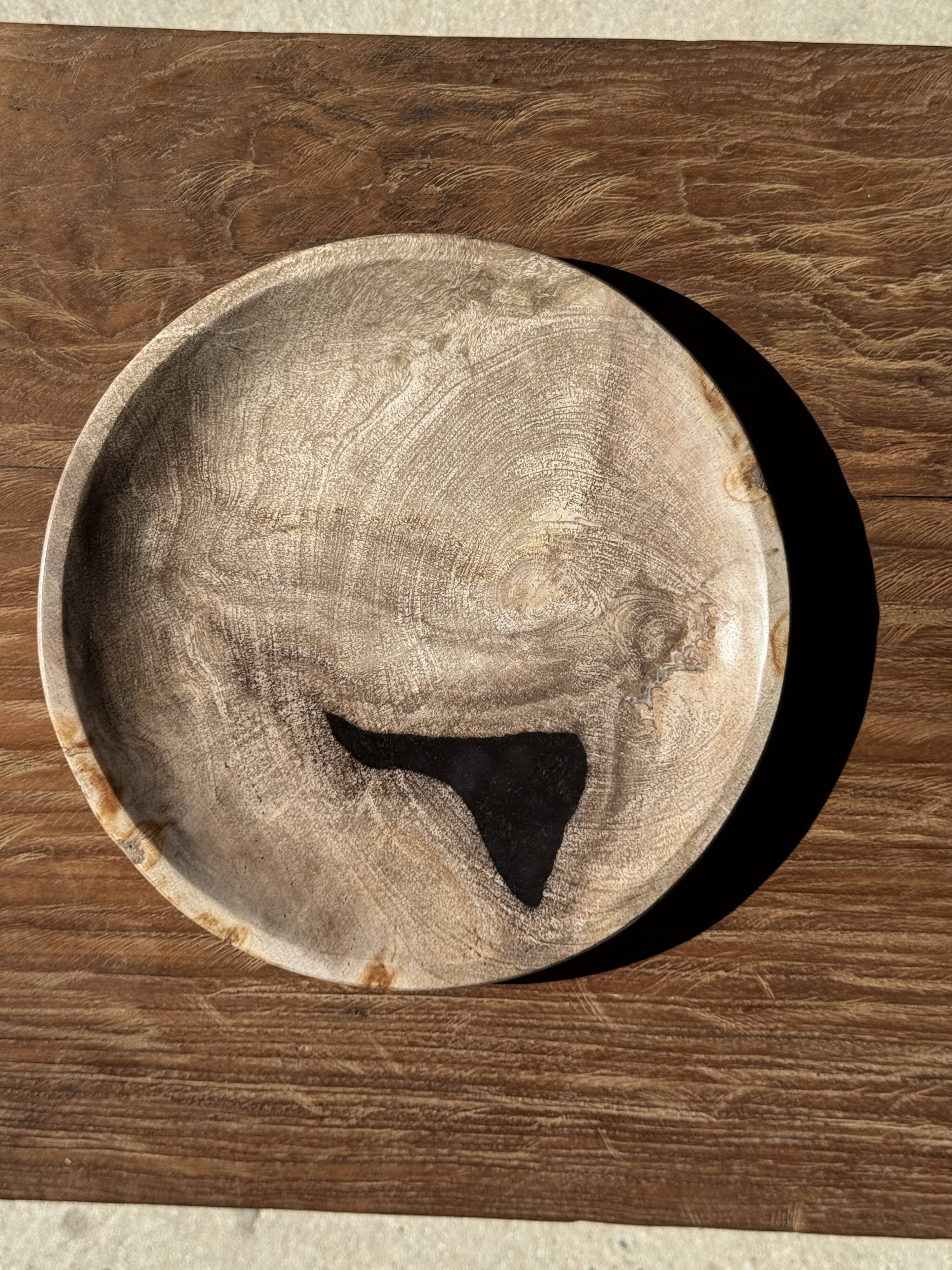 Vide poche, plat ou assiette circulaire en bois pétrifié beige tache noire