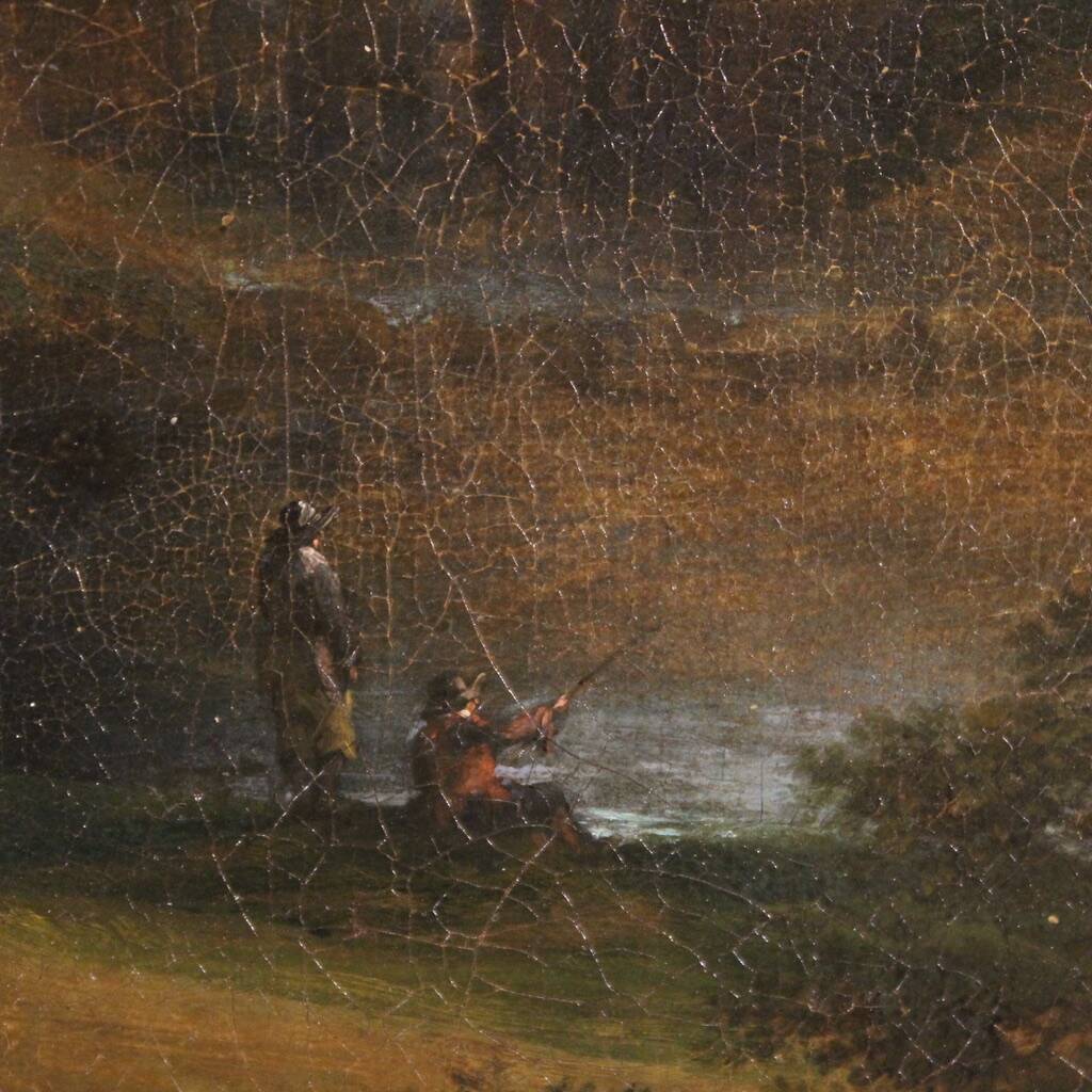 Flemish painting landscape with figures from the 17th century, the apparition of Jesus