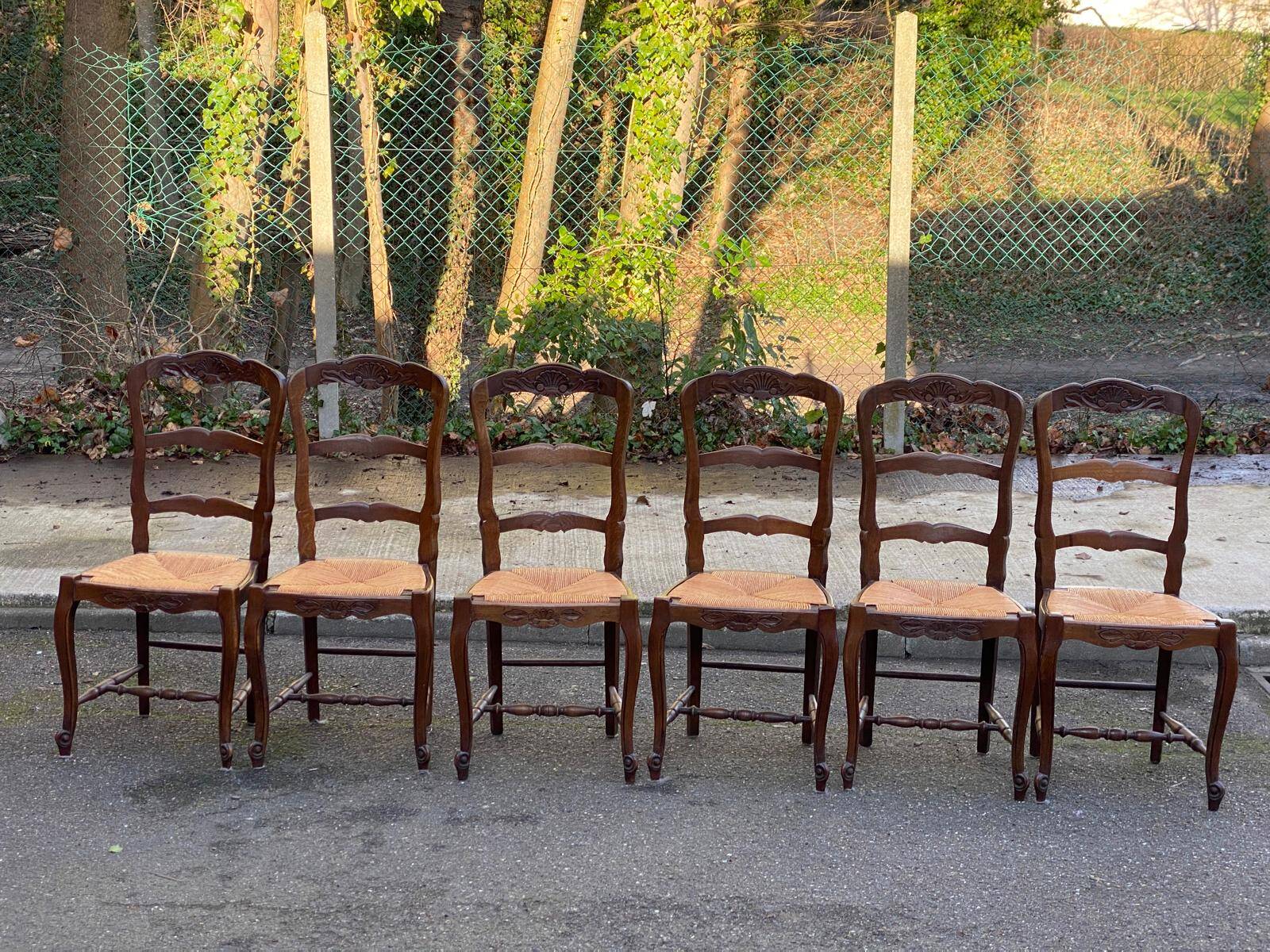6 chaises Louis XV en bois massif chêne foncé et paille sculptures coqu