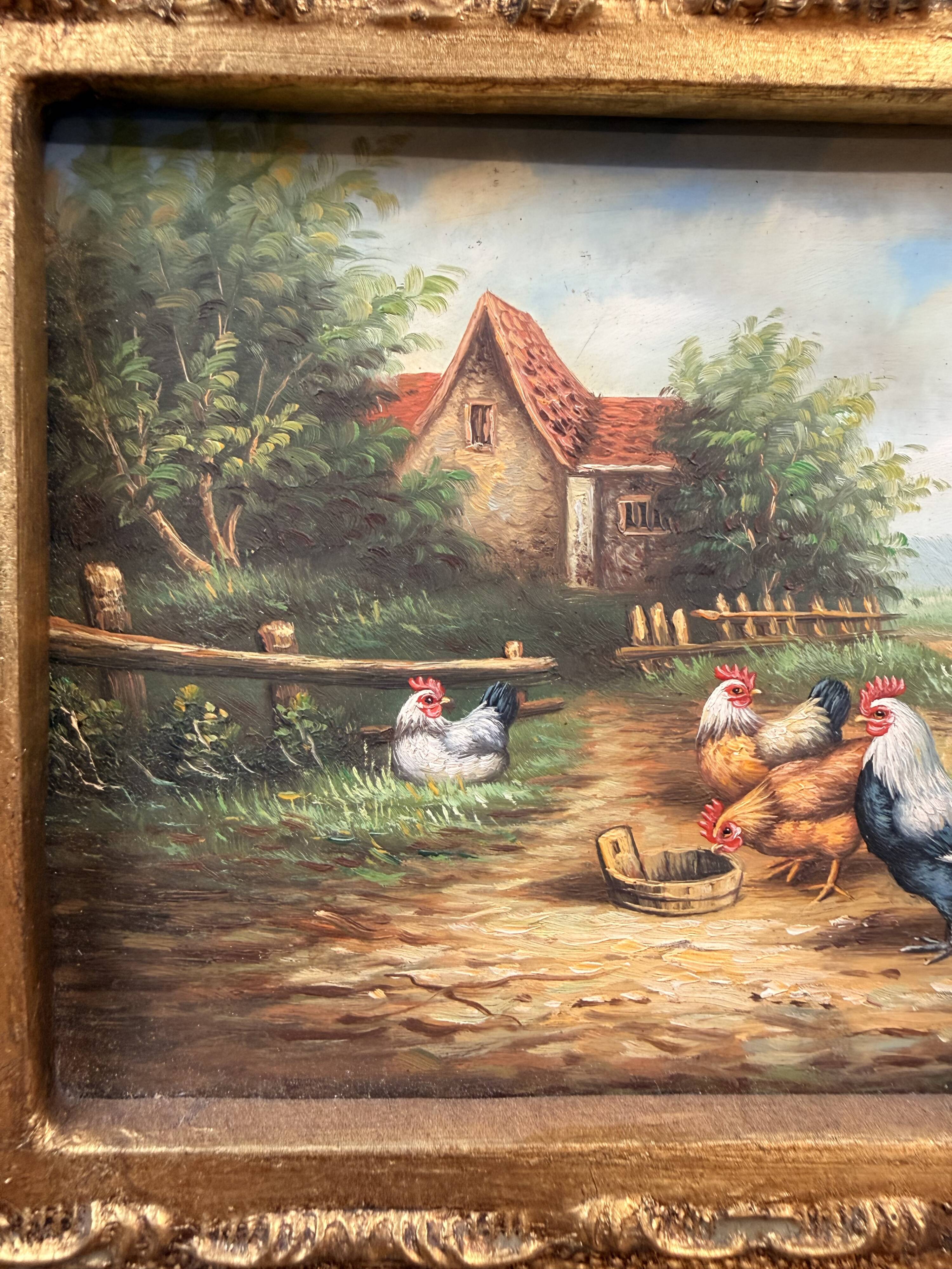Oil on Panel Signed – Courtyard Scene with Roosters and Hens