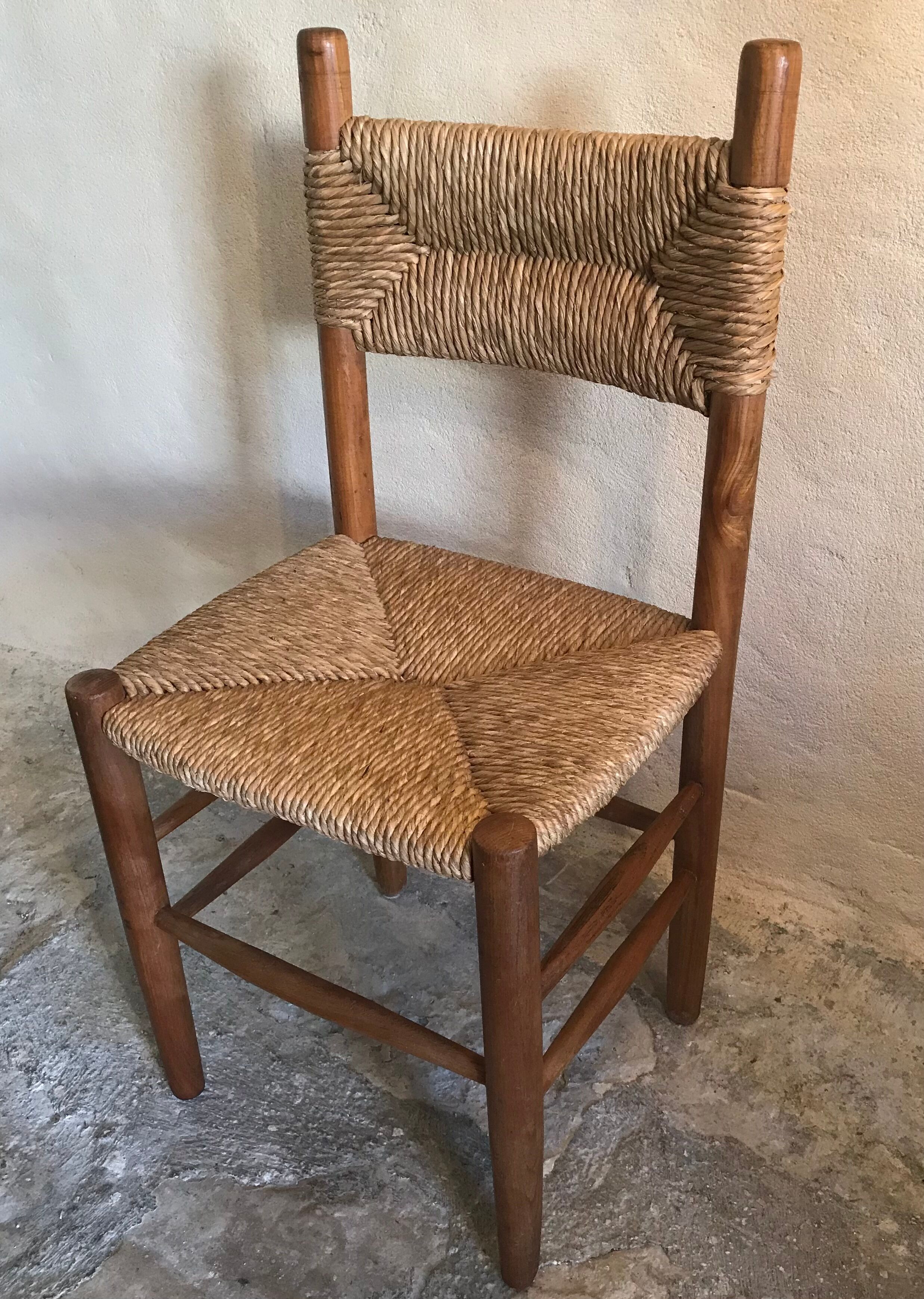 Brutalist vintage beech chair and mid-century straw