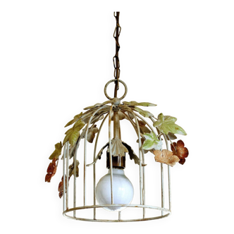 1980 vintage floral earthenware bird cage pendant light in cream and orange painted metal