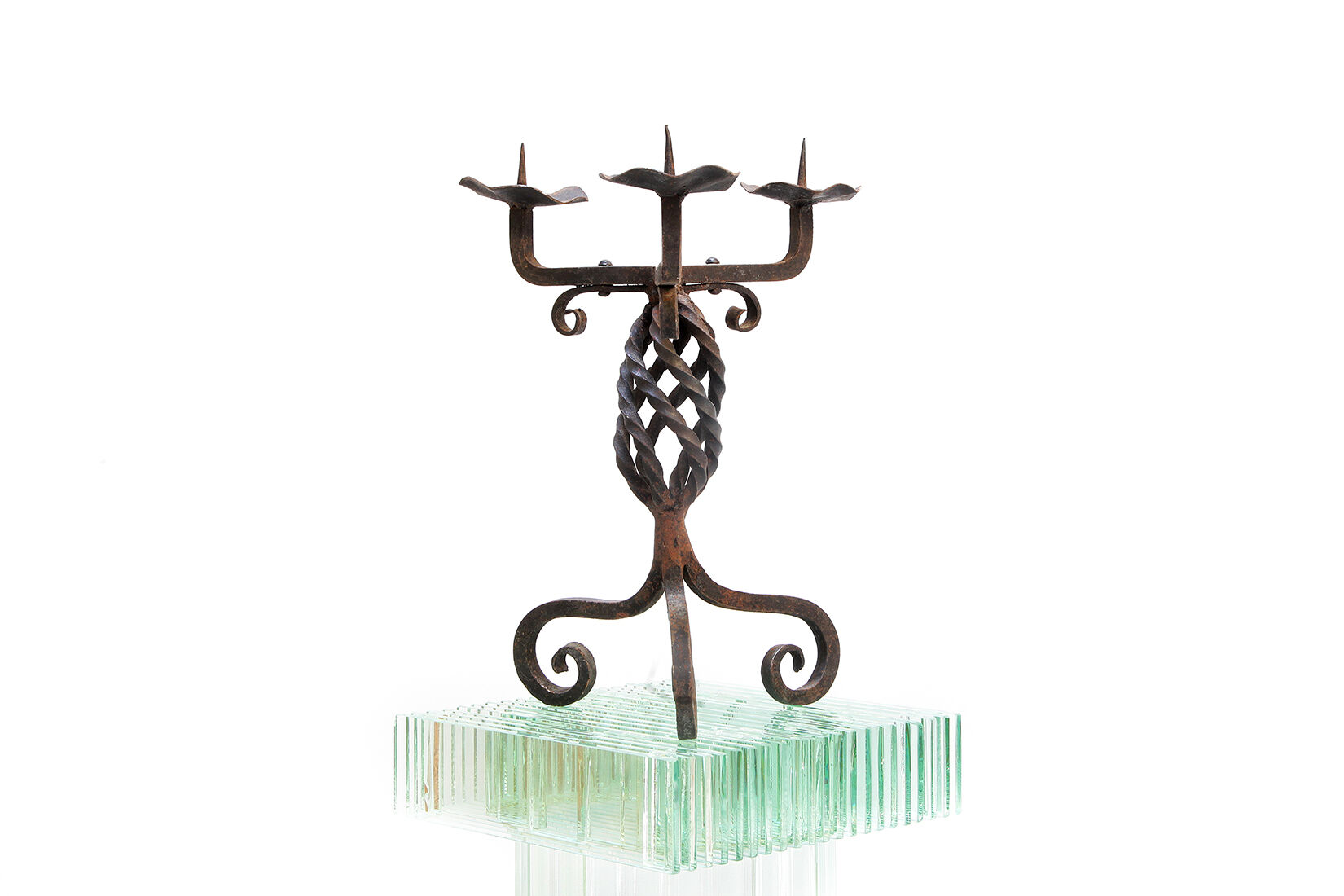 Vintage brutalist hand forged iron candle holder