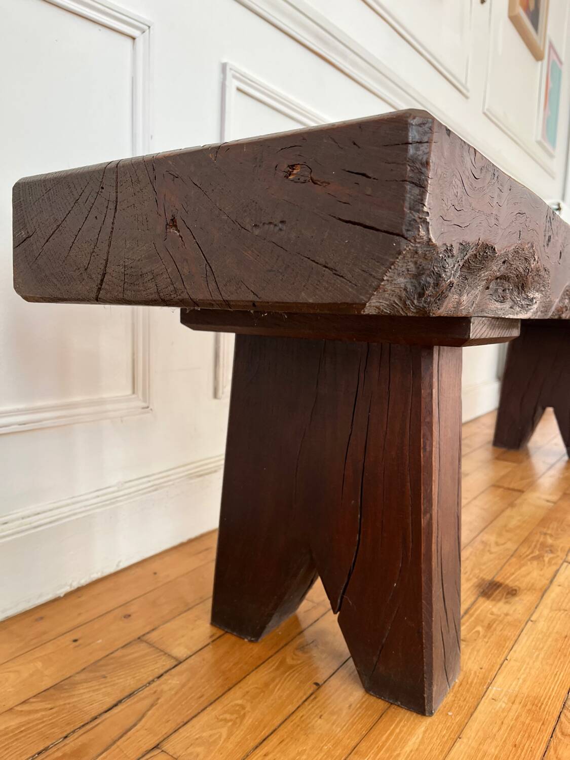 Brutalist Folk Art Bench Solid Oak