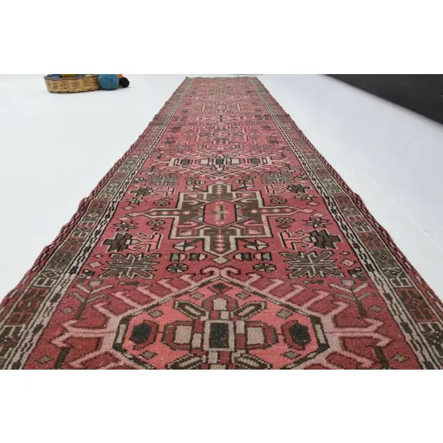 1970s Vintage Turkish Oushak Handmade Wool Cotton Pink Runner Rug 76x365