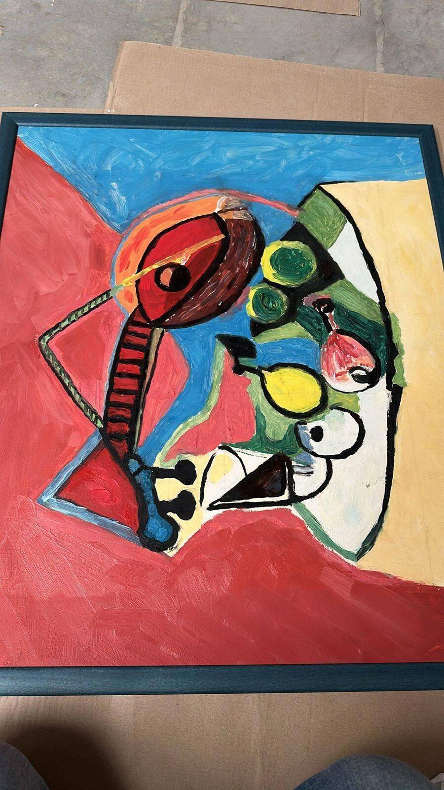 Original Swedish Oil On Panel – “Sitar And Fruit” – Vintage & Framed – 57 × 69 Cm (22.4" × 27.2")