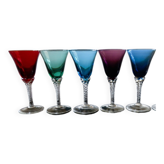 5 vintage colored wine/water glasses on feet