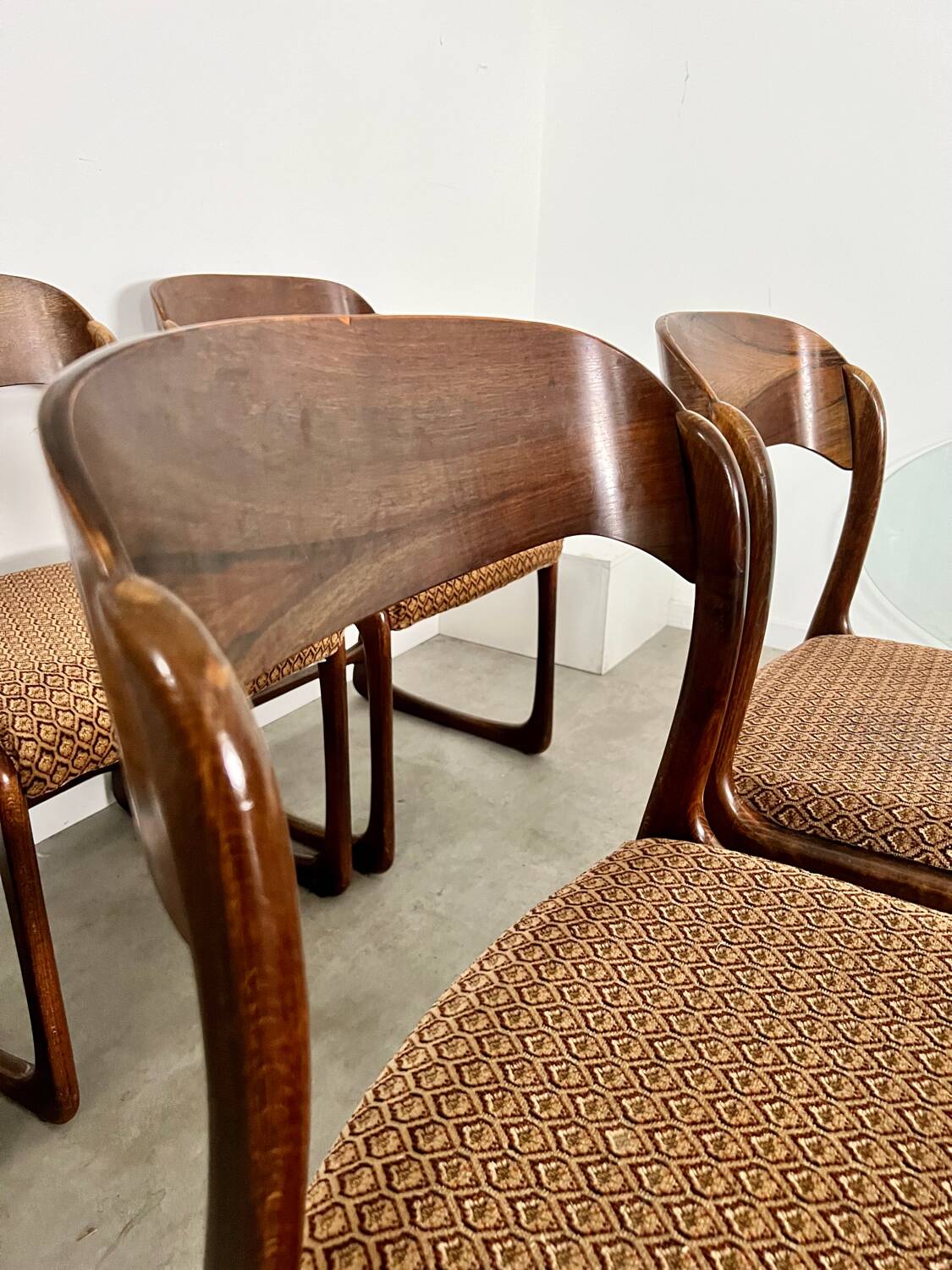 Set of 6 old baumann design sled chairs from the 60s wood and fabric