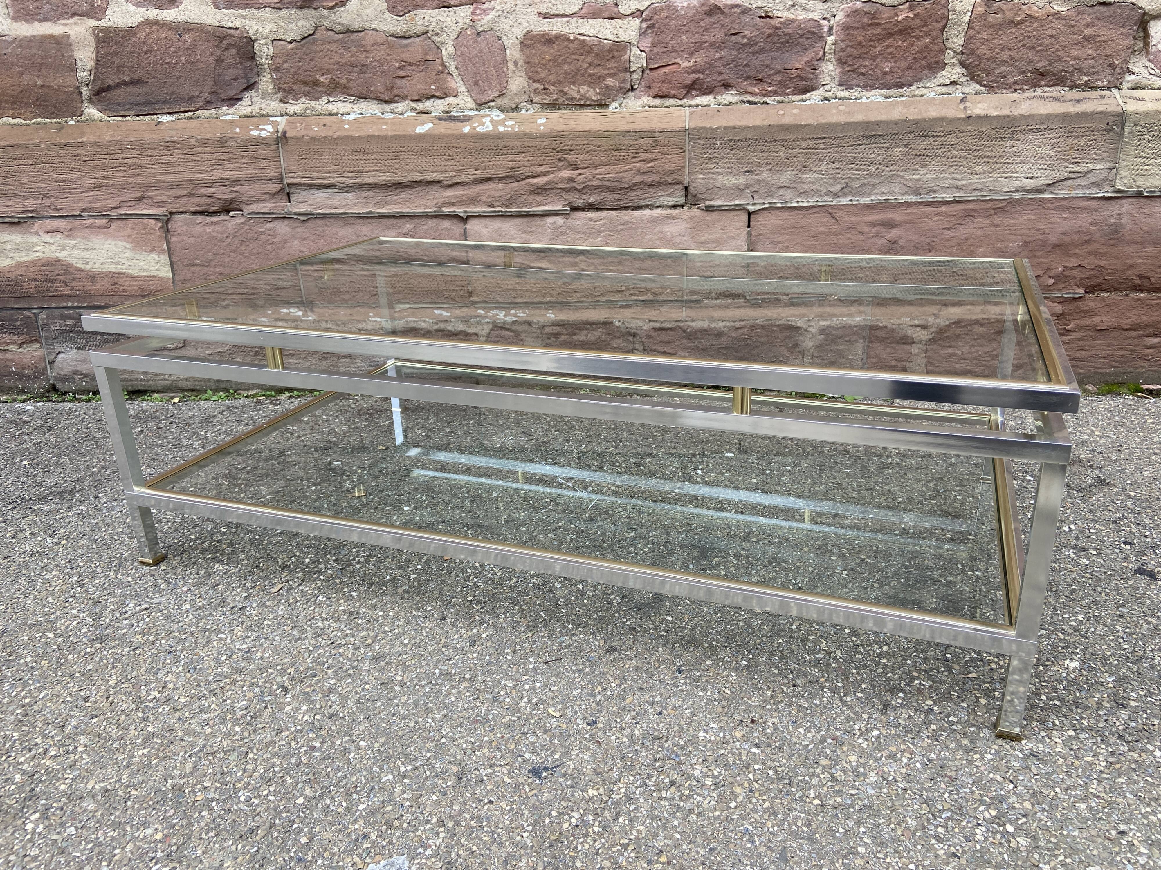 Brushed Aluminum and Brass Coffee Table by Guy Lefevre for Maison Jansen, 1970s