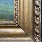 Hst painting "animated landscape at the pond and village" barbizon with nineteenth century frame