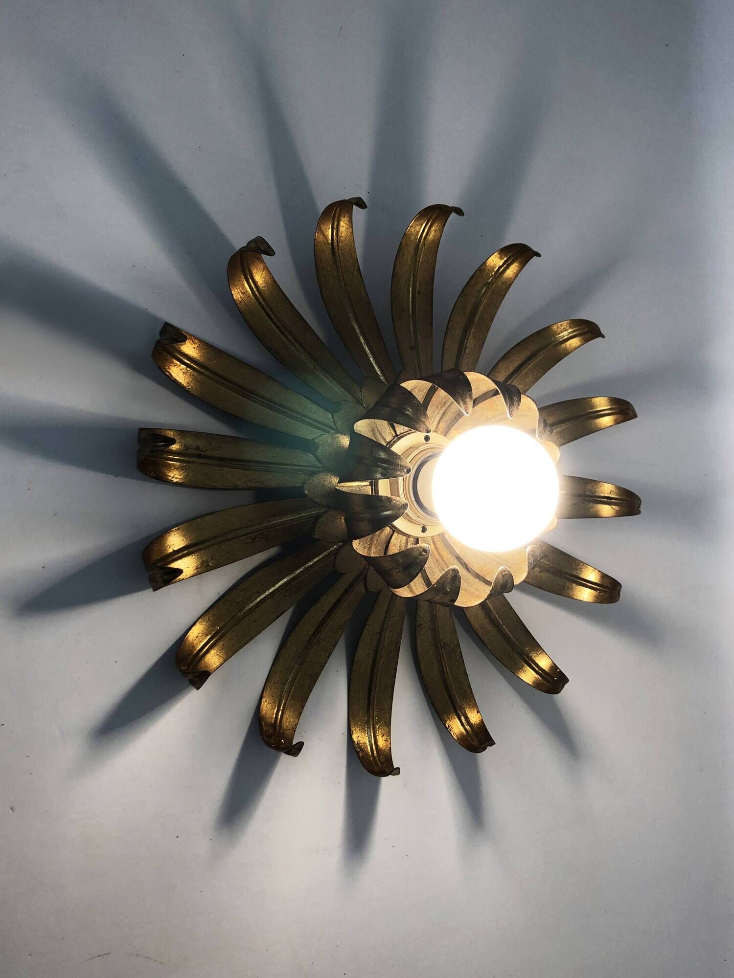 Pair of palm tree wall lights in gold metal. 70s