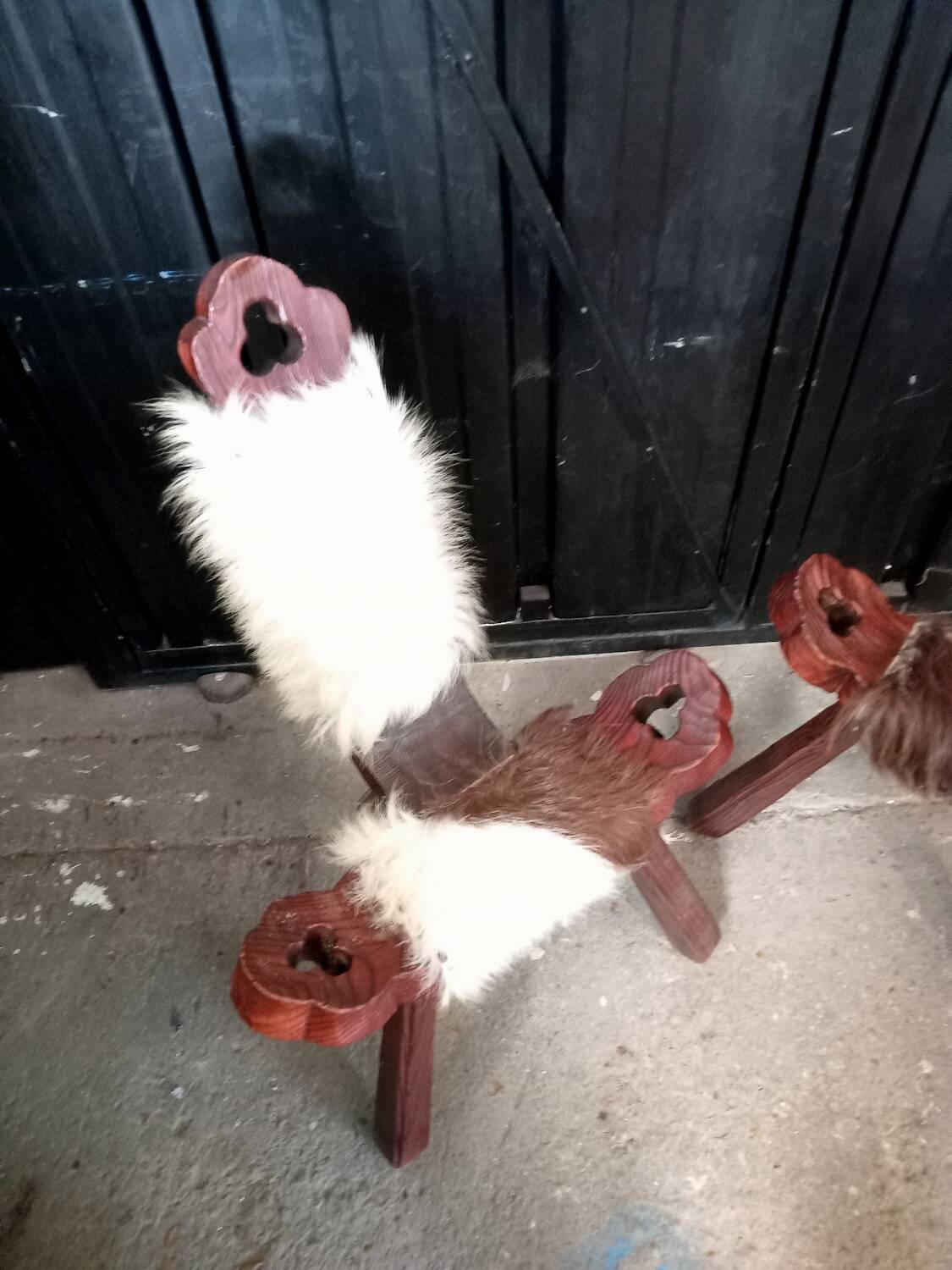 Pair of brutalist tripod chairs in wood and cowhide
