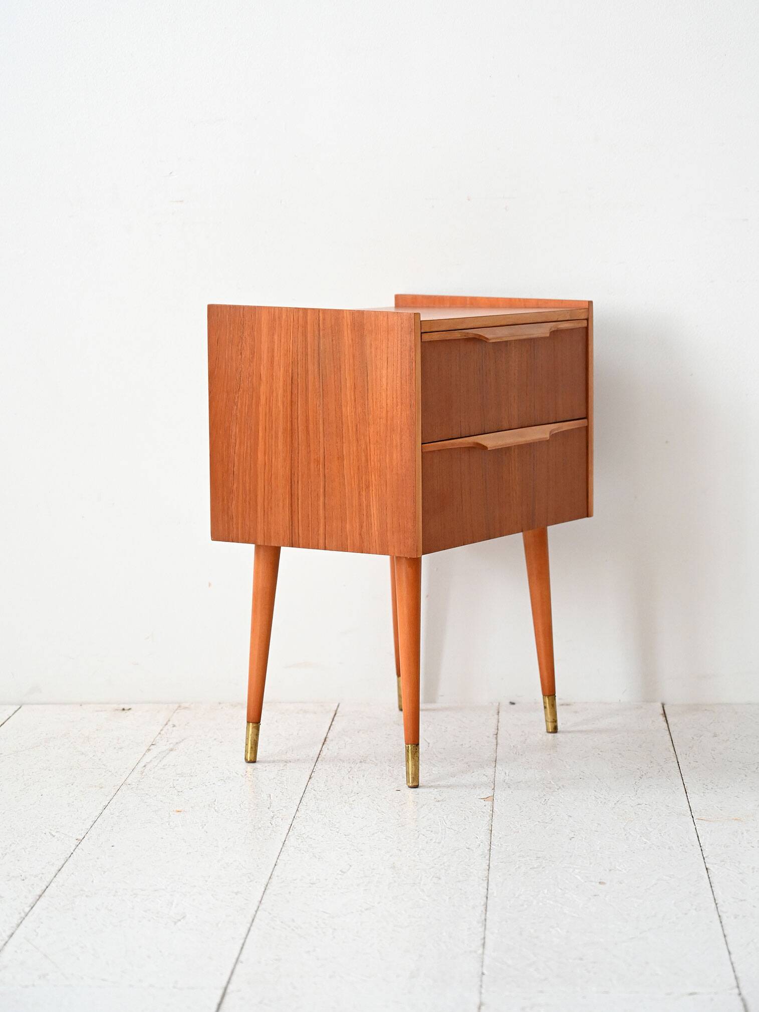 1950s Scandinavian Teak Nightstand with Brass-Tipped Legs