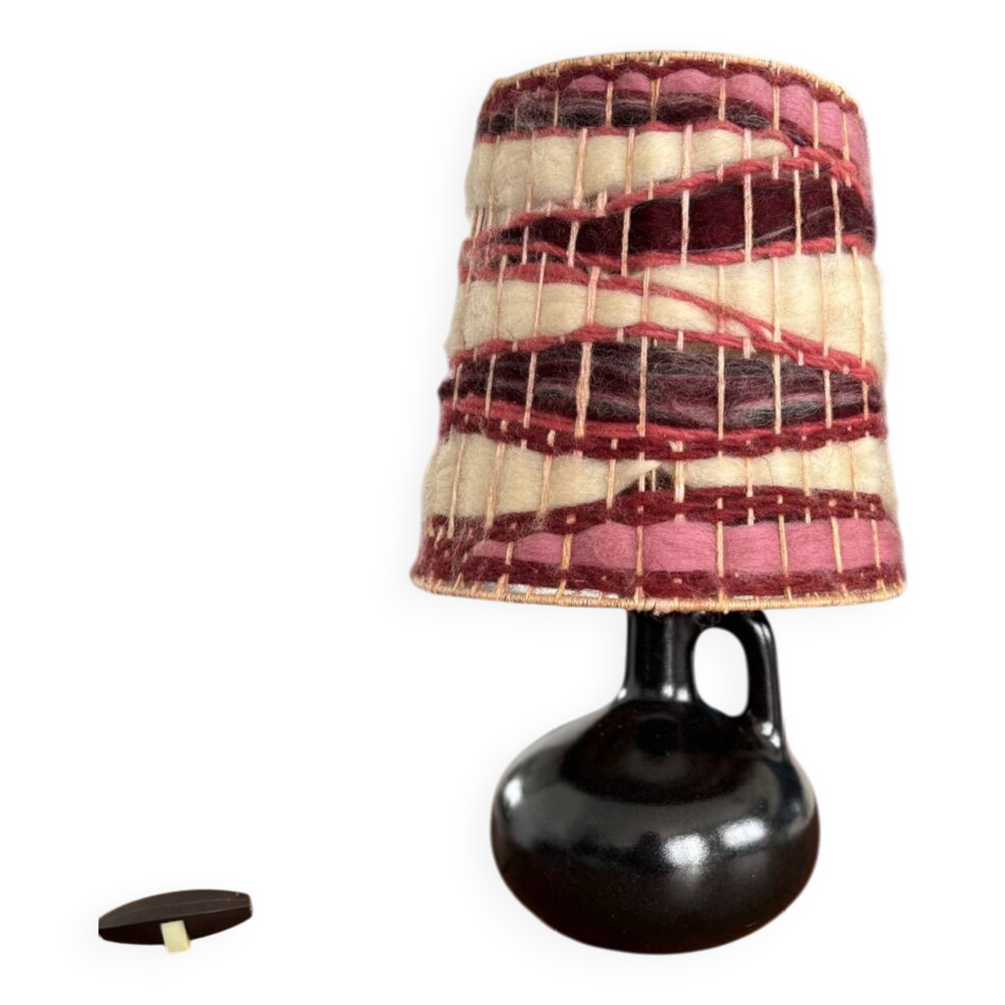 Vintage black ceramic lamp with hand-woven wool shade
