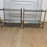 Pair of neo classic side tables in brass and oxidized mirror