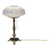 1940s restored brass table lamp with glass shade