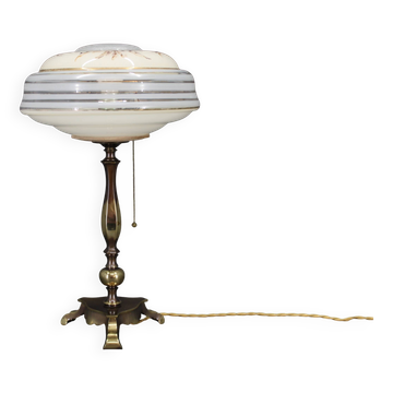 1940s restored brass table lamp with glass shade