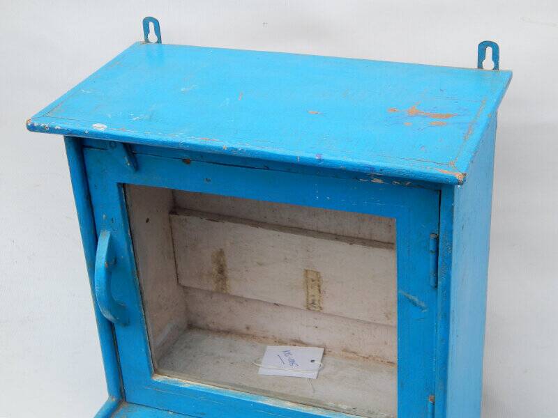 Indian blue window glass and mirror vintage old teak wood