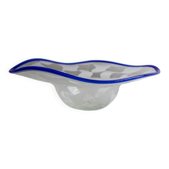 Blue Murano Glass Bowl with White Chequered Pattern and Wavy Rim, Signed RL'94